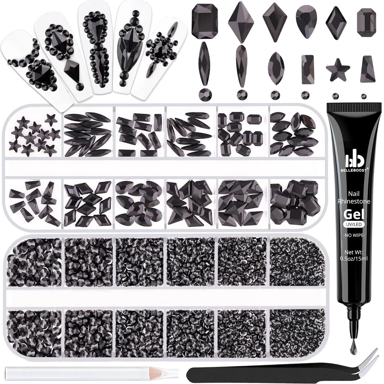 3220Pcs Black Glass Nail Rhinestones 120Pcs Multi Shapes Flatback Nail Gems +
