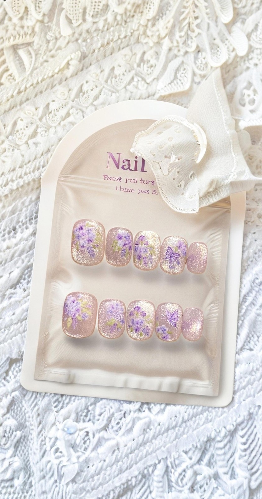 Custom Pure Handmade Nails Nude Shimmer Lilac Butterfly Gentle Girls Manicure