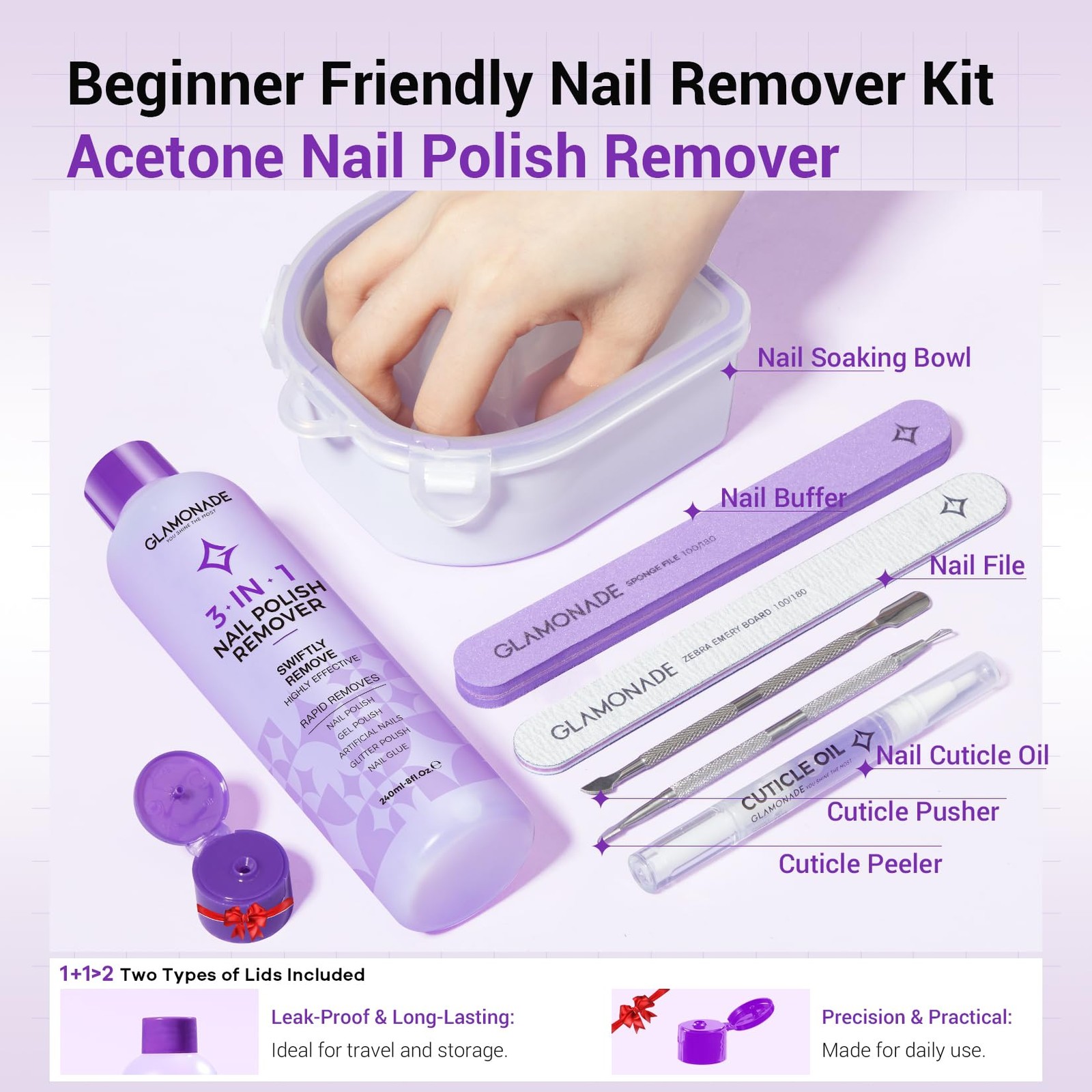 Glamonade Acetone Nail Polish Remover A5-8 Ounce + Manicure Kit Bowl, Purple