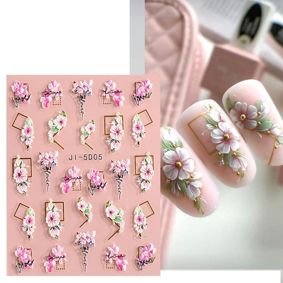 3D Embossed Flower & Leaves Nail Art Stickers Set – 4 Self-Adhesive Sheets