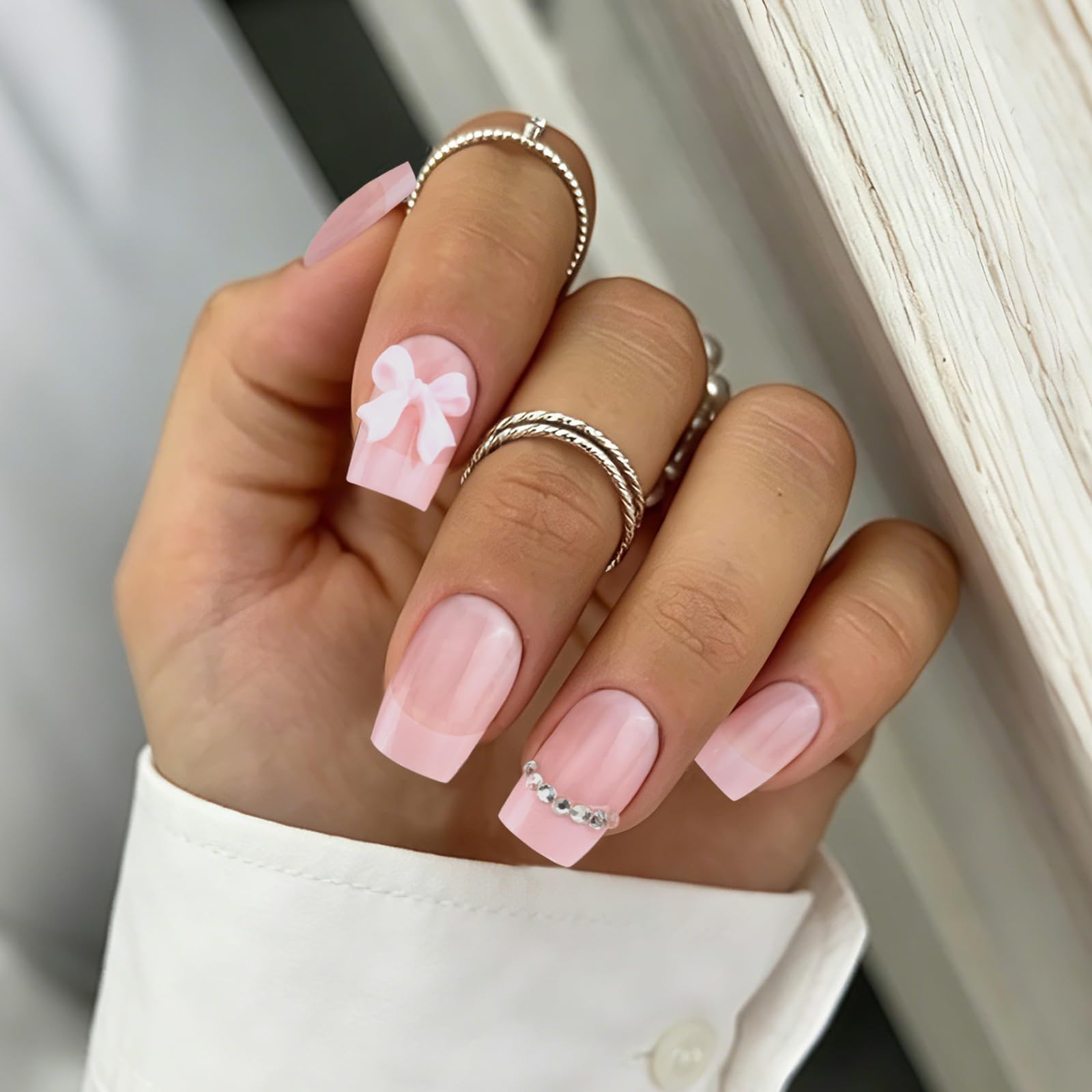 Light Pink French Tip Press on Nails Short Square Acrylic Fake Nails Press On…