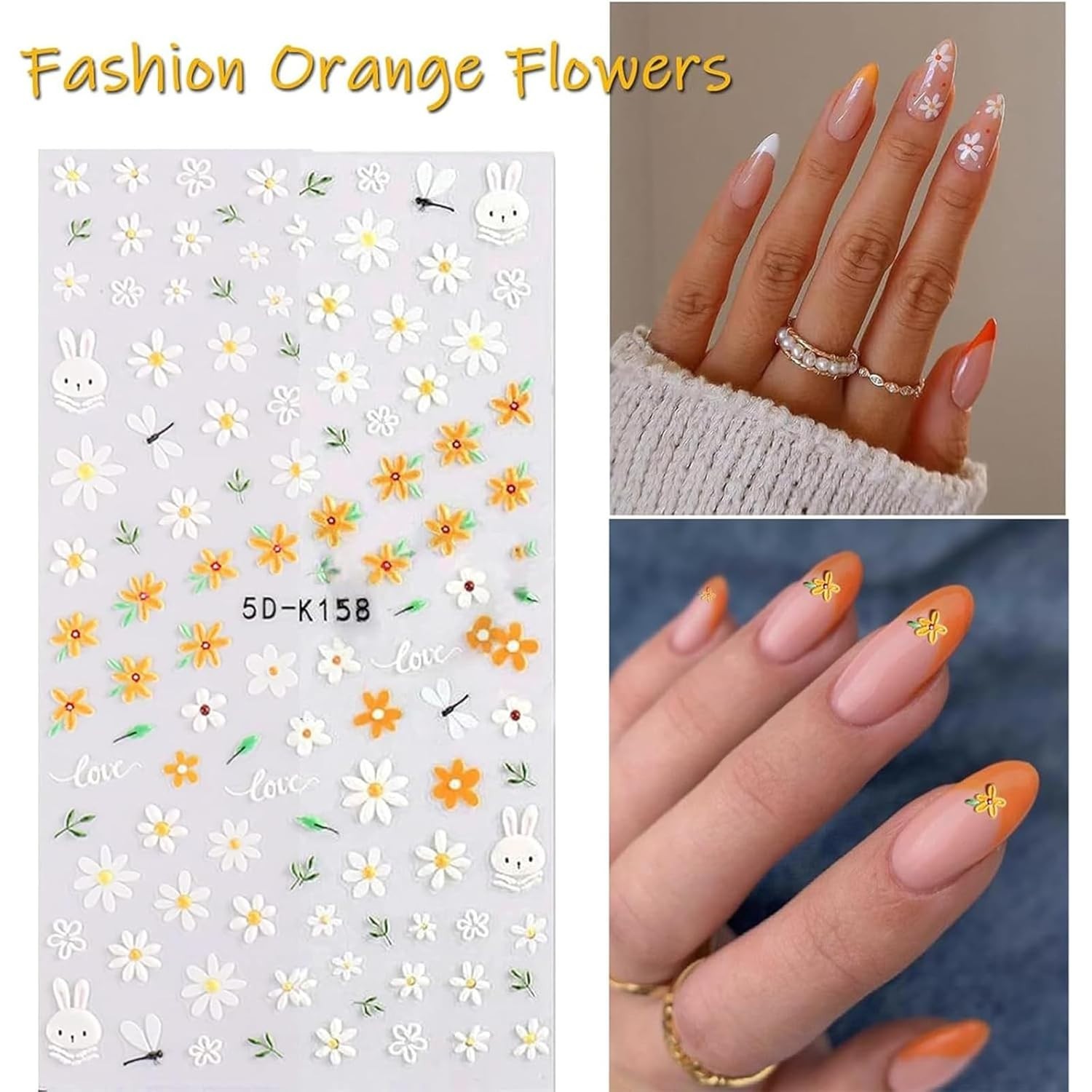 Flower Nail Art Stickers – 5D Embossed, Spring/Summer Daisy Designs, Self-Adh…