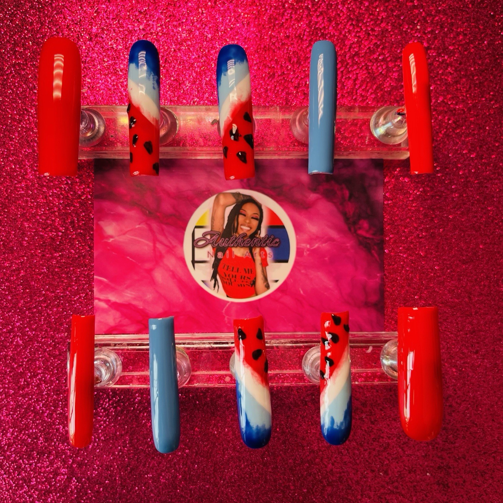 Authentic Nail Arts by Dia Square Press-On Nails Red Blue White Black Patriotic