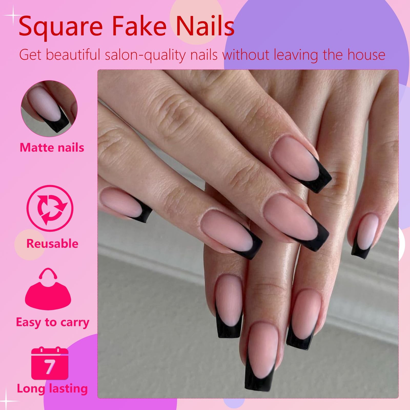 AddFavor French Tip Press on Nails Medium Square Fake Nails, 120pcs Black Fre…