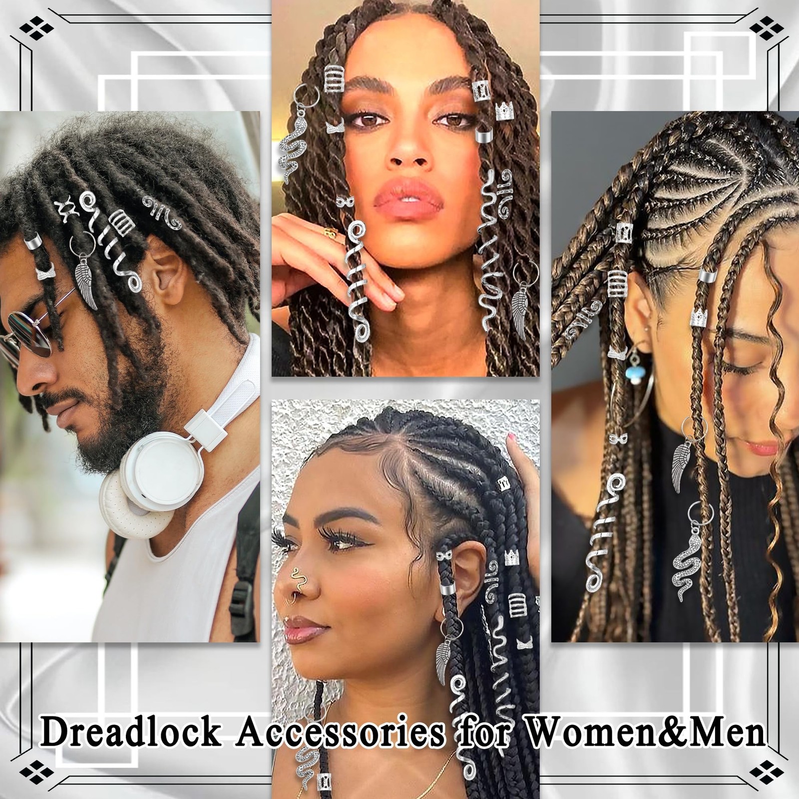 122PCS Silver Hair Jewelry Snake Loc Charms Braids Clips Multi Style Hair Cuf…
