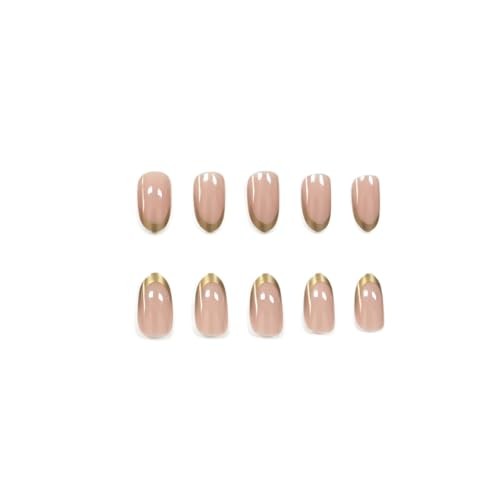 Short Press On Nails – Almond Fake Nails – Gold French Tip – False – Design 4