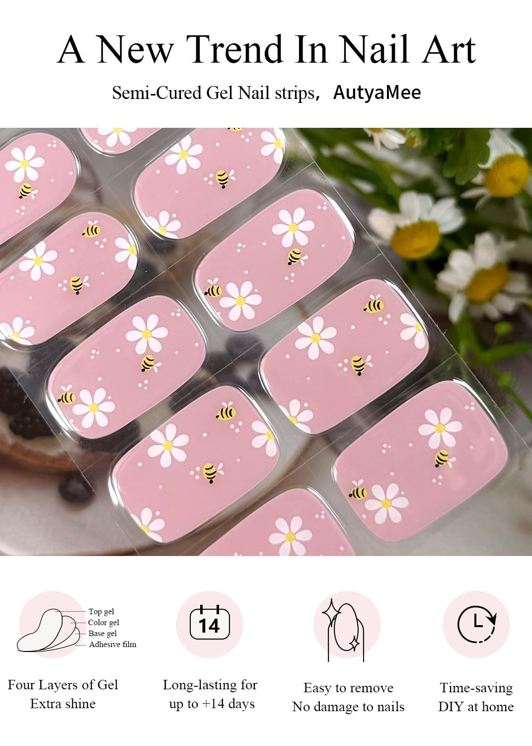 AutyaMee Semi Cured Gel Nail Strips (Bee & Blossom), 20 Pcs Gel Nail Wraps, S…