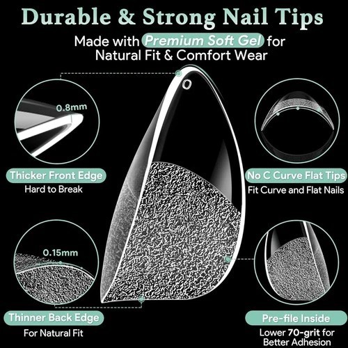 Extra Short Almond Nail Tips – 216pcs Soft Gel Full Cover Fake Nails, 70-Grit…