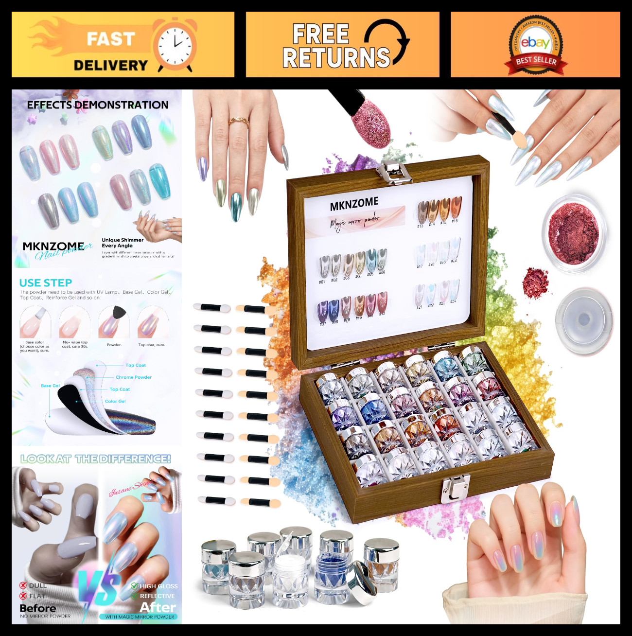 24 Colors Chrome Nail Powder – Iridescent Metallic Glitter for DIY Nail Art, Sal