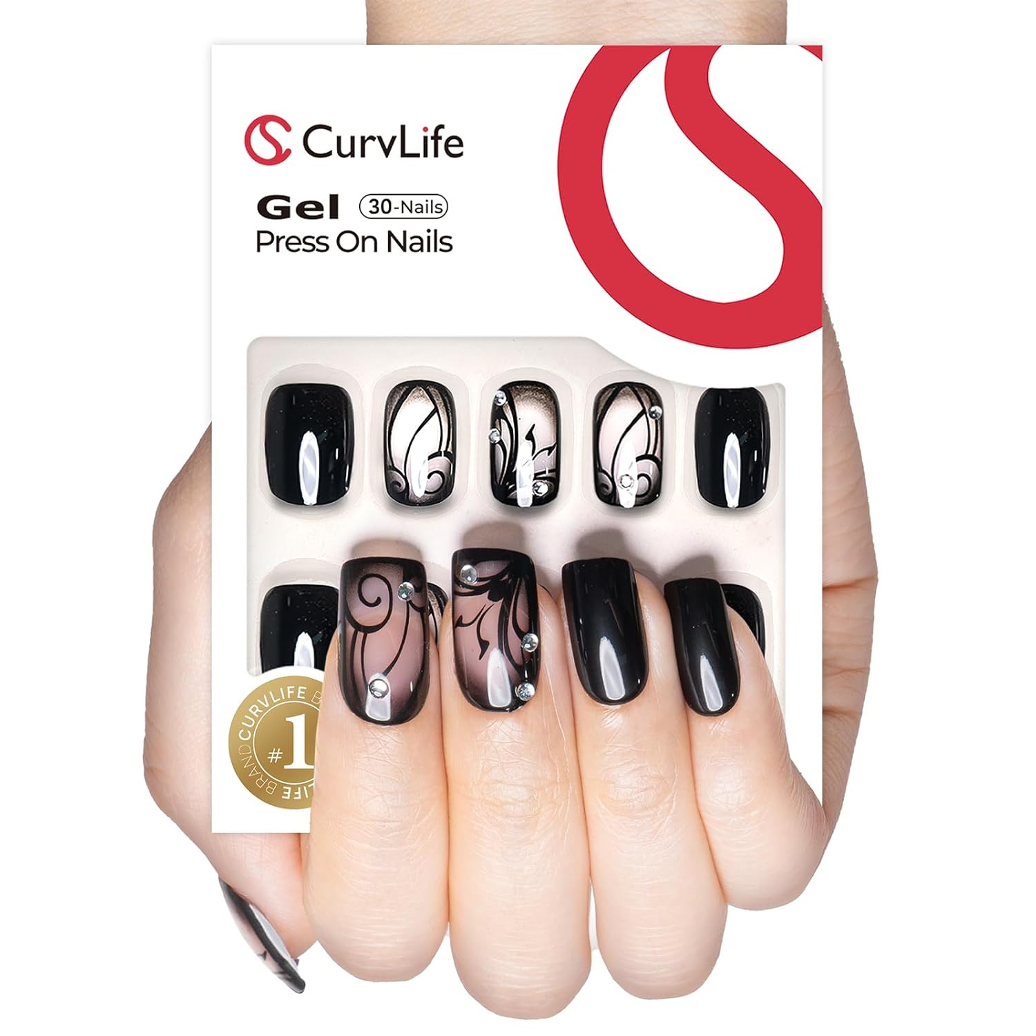 Black Press on Nails Short Square, Rhinestone Swirl Design Soft Gel Acrylic Stic