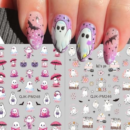 8 Sheets Halloween Nail Stickers Decals Cute Ghost Bat Spider Web Halloween 07