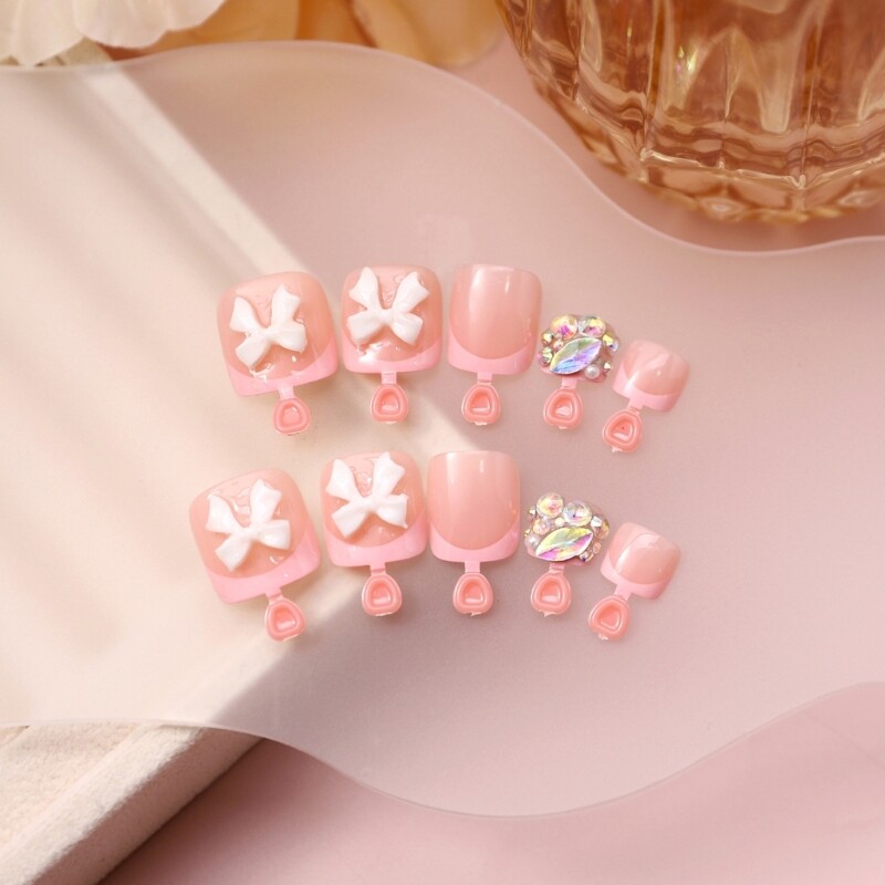 24 Pieces Short Square False Toenails With Glitters Rhinestones Embellishments