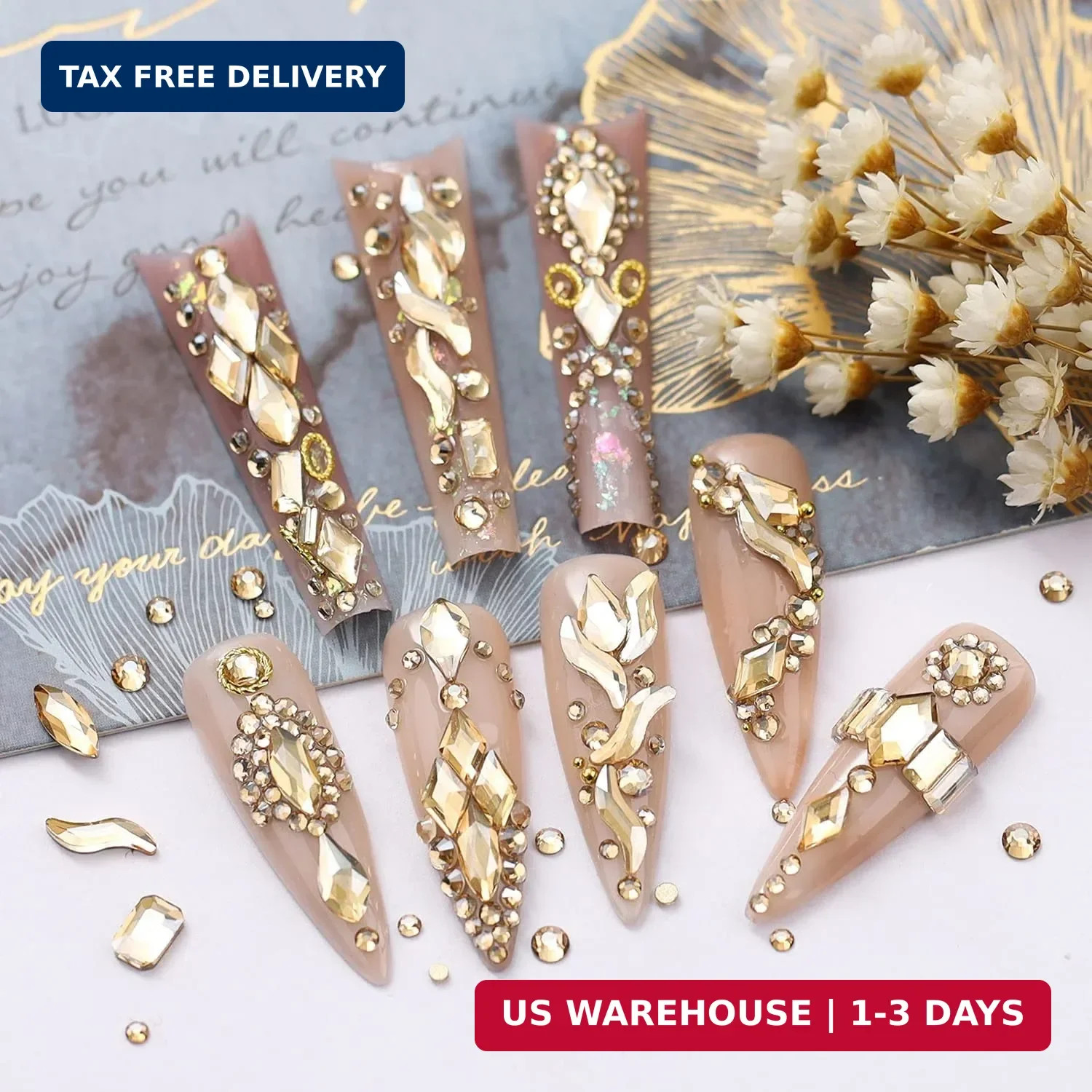 qiipii 4080Pcs Champagne Golden Nail Rhinestones Flatback Gold Crystals Gems Rou