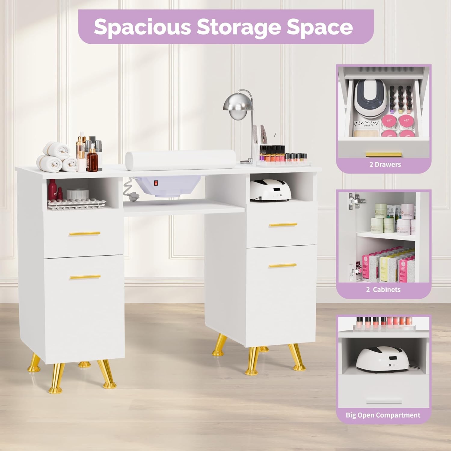 Manicure Table Nail Tech Desk with Built-in Dust Collector & Storage & Drawers