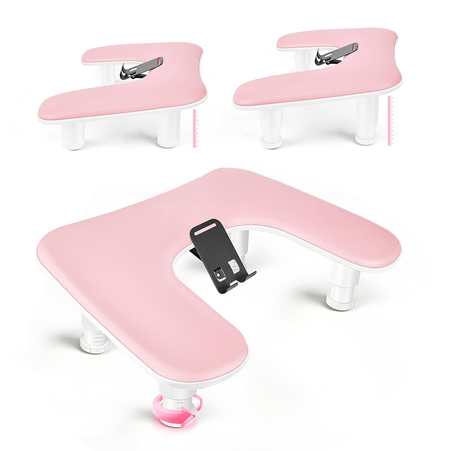 Pink U-Shaped Manicure Arm Rest with 360° Phone Holder & Adjustable Hand Support