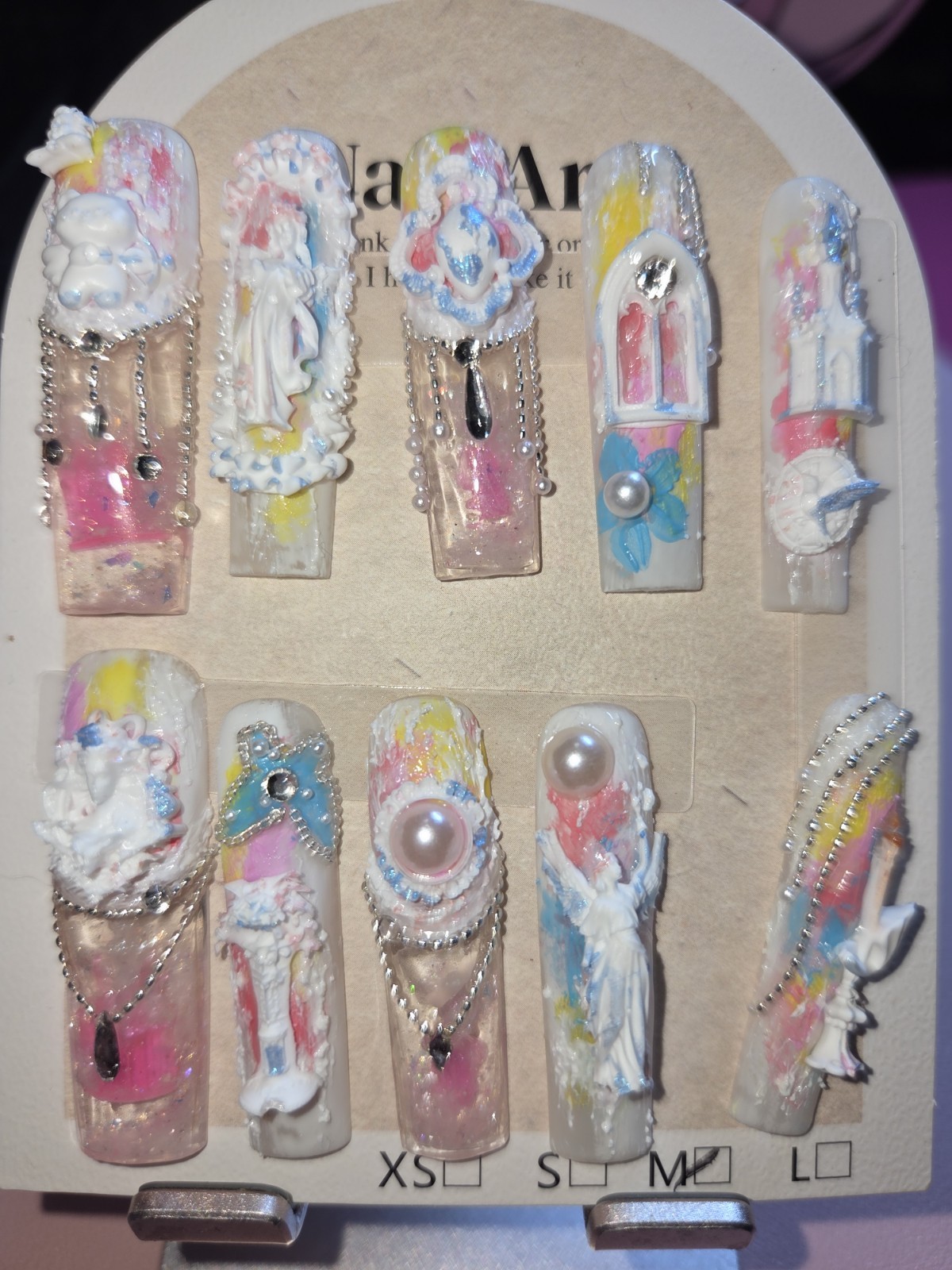 Press On Nails Handmade Medium Angel necklace, rainbow candle castle aqua water.