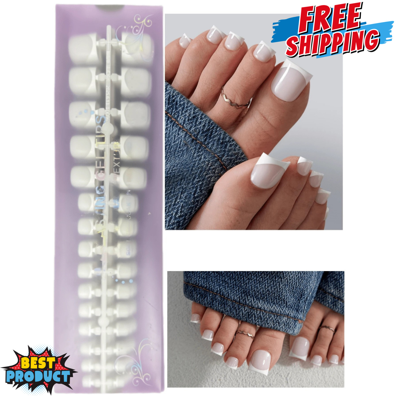 150x Press-On Fake Nail Tips Toenails Short Square French Soft Gel 15 Size Nails