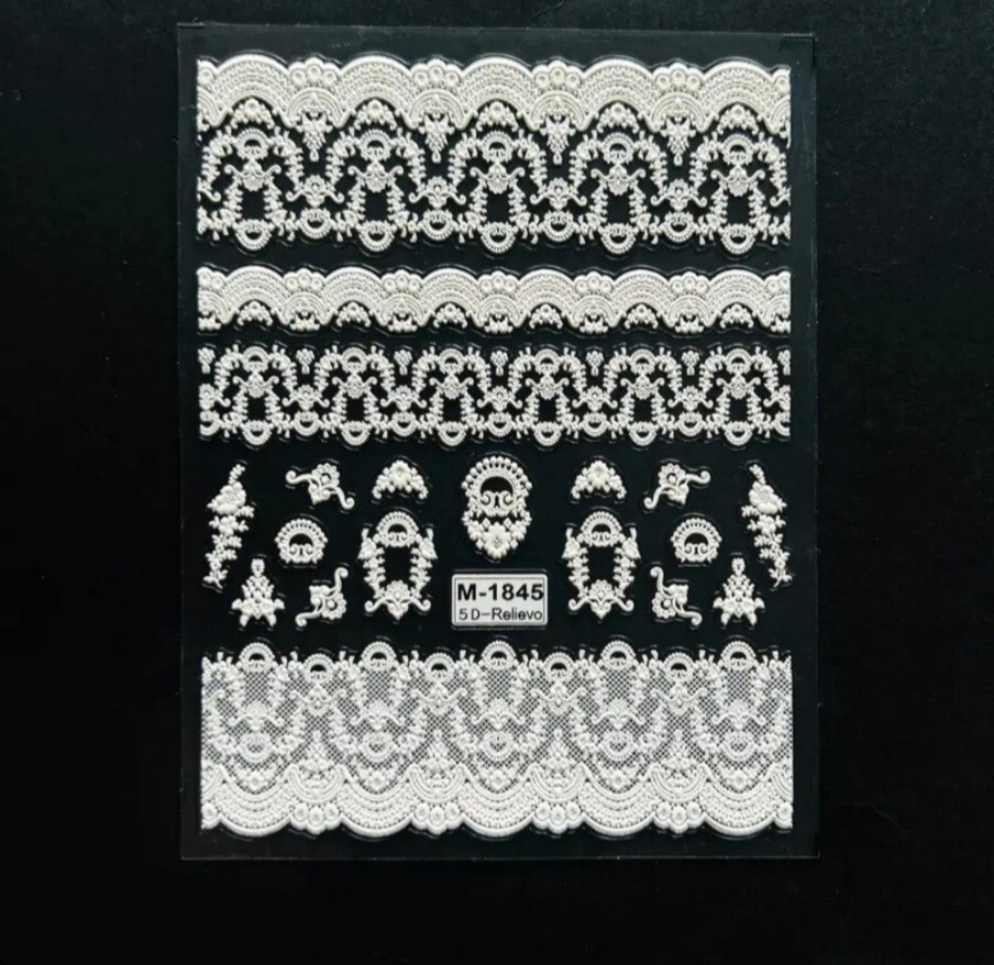 NWT 》3 SHEETS《 NAIL ART DESIGN BLACK & WHITE FAUX LACE SELF-SEAL STICKERS!