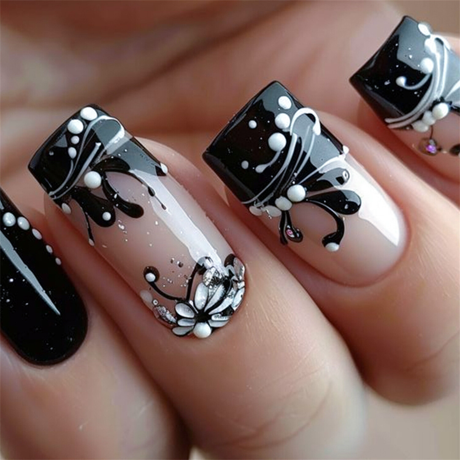 Short Square Press-On False Nail Glossy Black Flowers French Manicure 24pcs