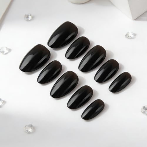 Black Press on Nails Oval Fake Nails – Solid Color – Short Style – 36
