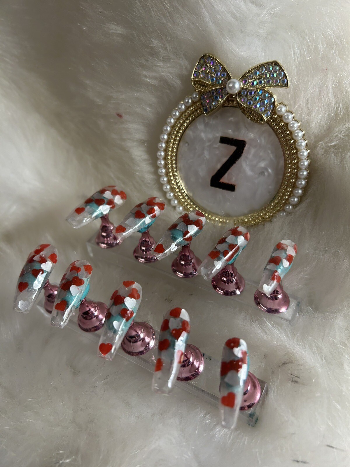 Z NAILZ! Handmade Clear L Coffin W/Red&White Hearts Encapsulated Press On Nails