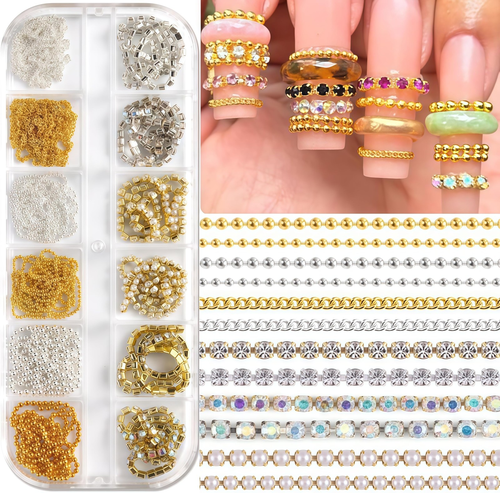 12 Strips Metal Chain Nail Art Charms 3D Gold Silver Gray Chains Nail Rhinest…