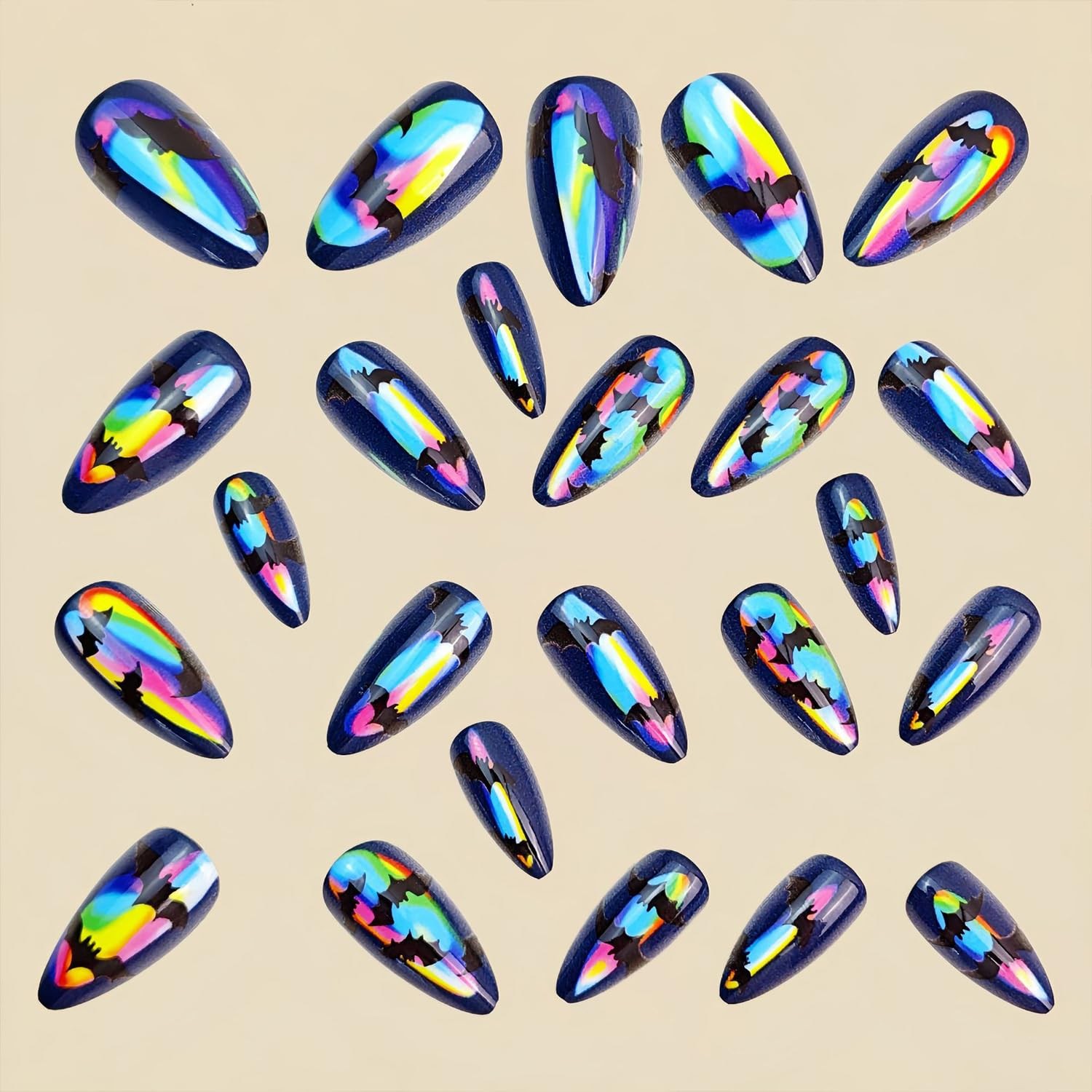 Rainbow Halloween Press on Nails Medium Almond Fake Nails Halloween Black Bat…