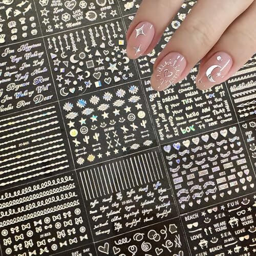 30 Sheets Silver Nail Art Stickers Aurora Silver Star Moon Nail Decals 3D Self