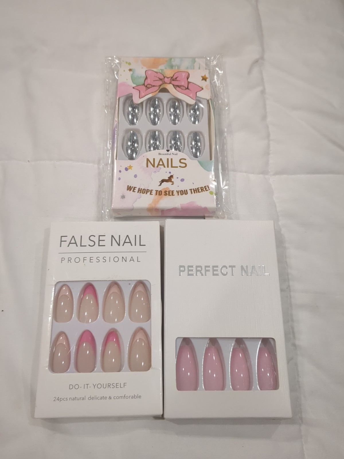 False Nail Sets- Lot Of 3-Press On Nails- Pink & Silver, Coffin & Almond- New