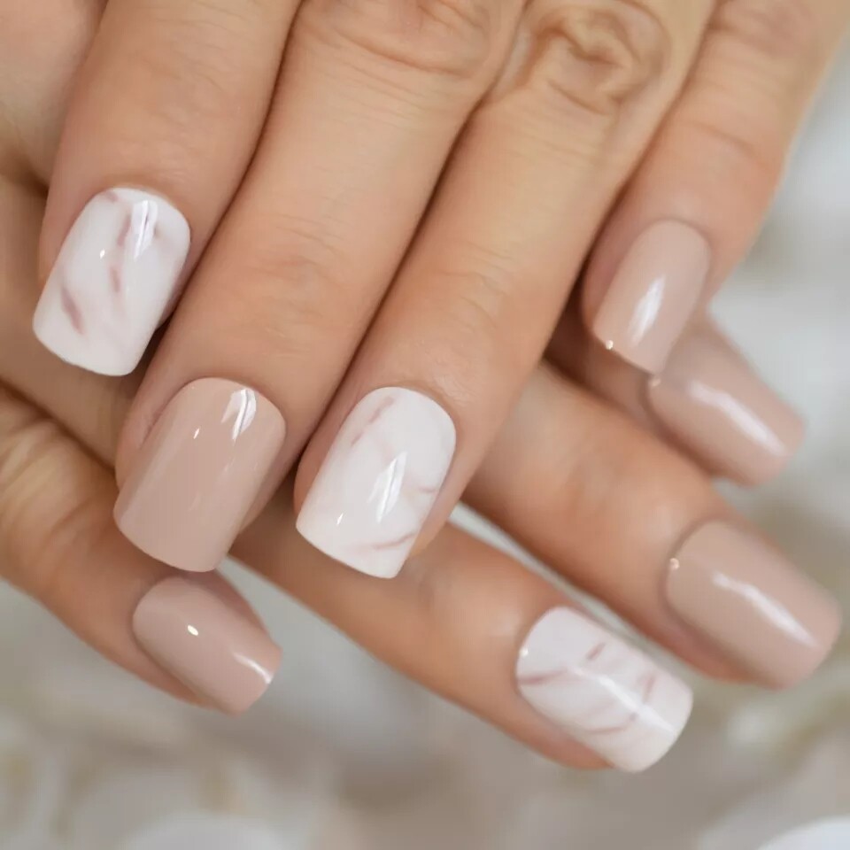 Cream Marble Short Press on nails with glue 24 nails beige camel nude white tan
