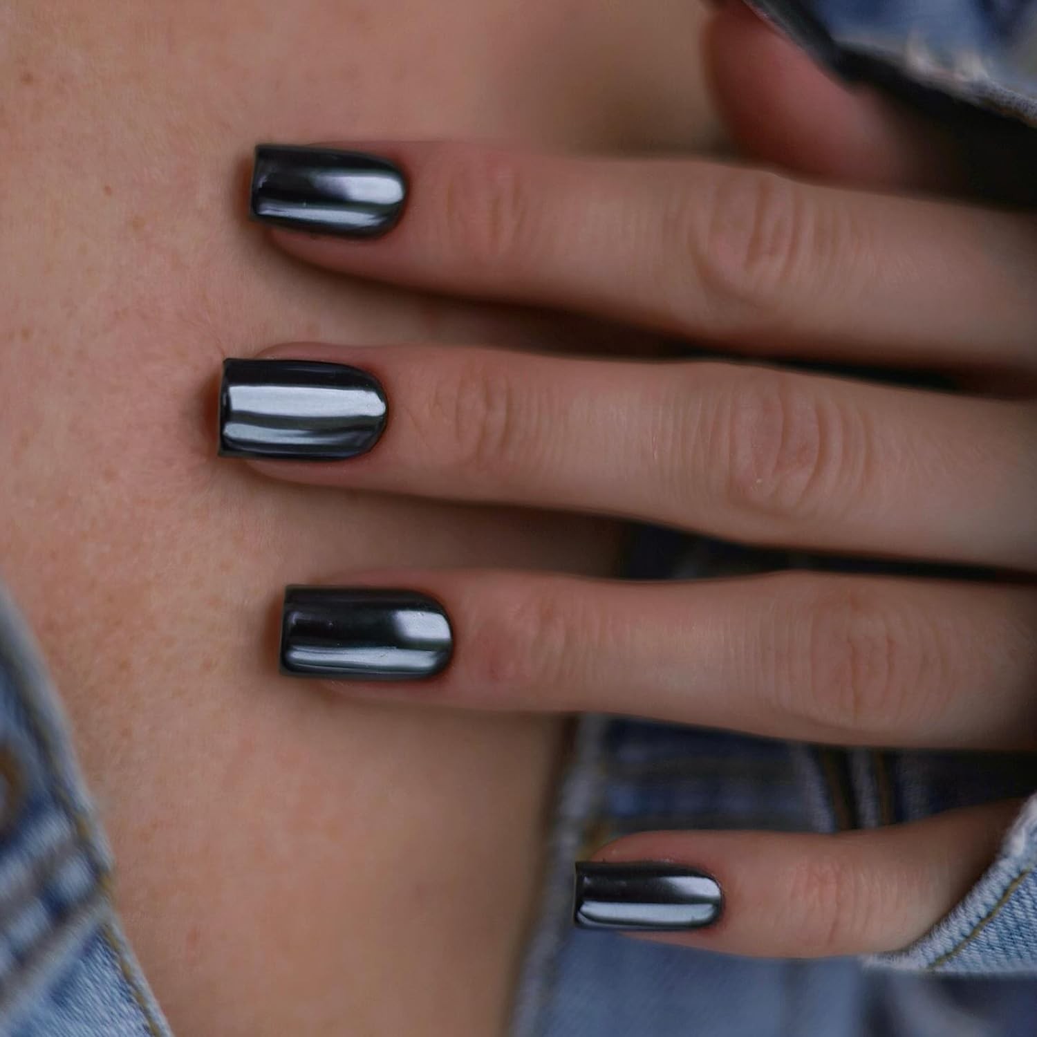 Press on Nails Short 24pcs Metallic Black Chrome Square Glue on Gel Nails Women
