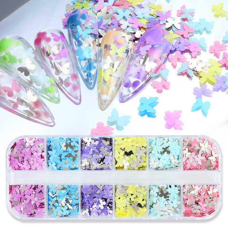 12 Grids Nail Sequins Flakes Art 3D Decoration Butterfly Accessories Glitter Set