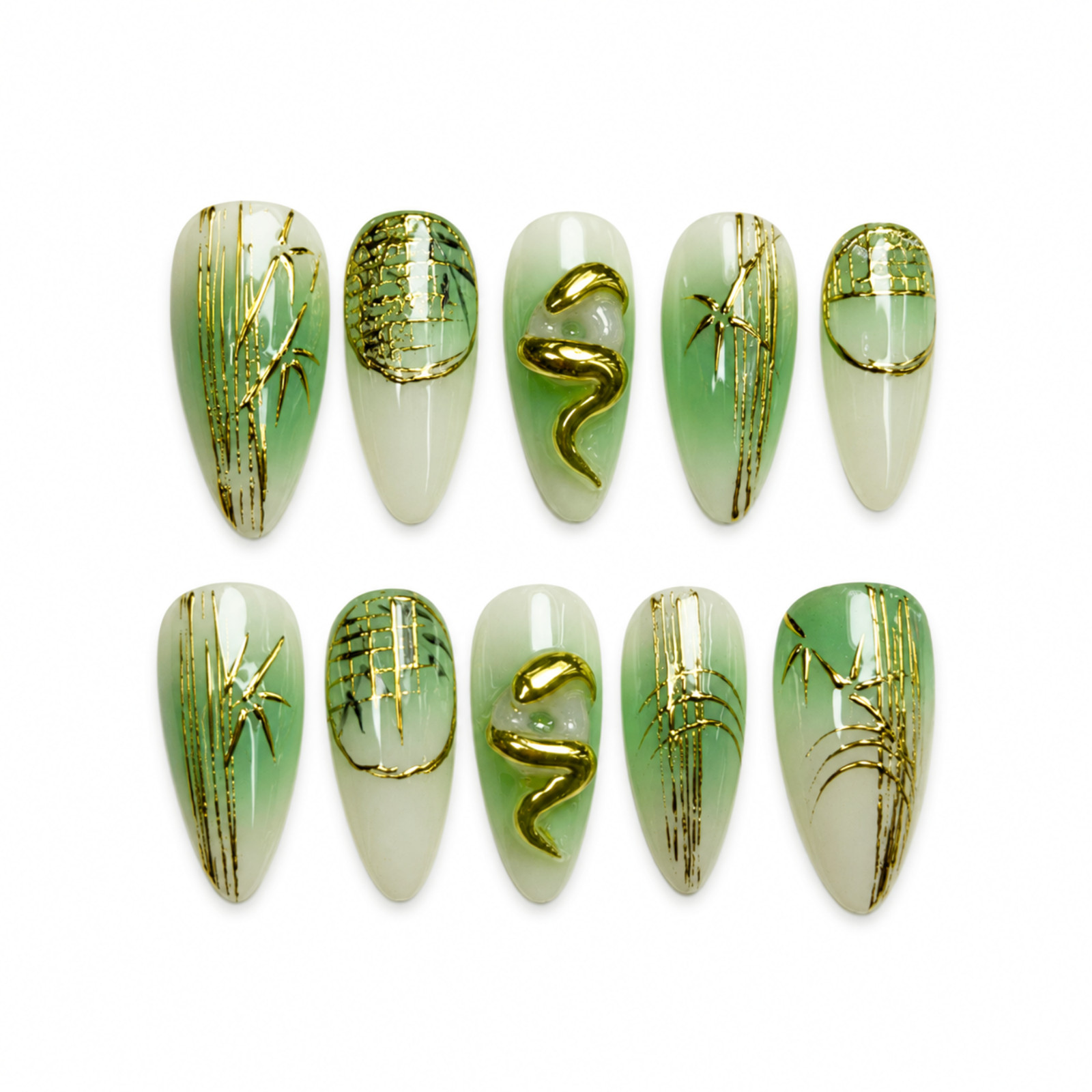Handmade Green Gold 3D Press On Nails Long Almond Bamboo Art