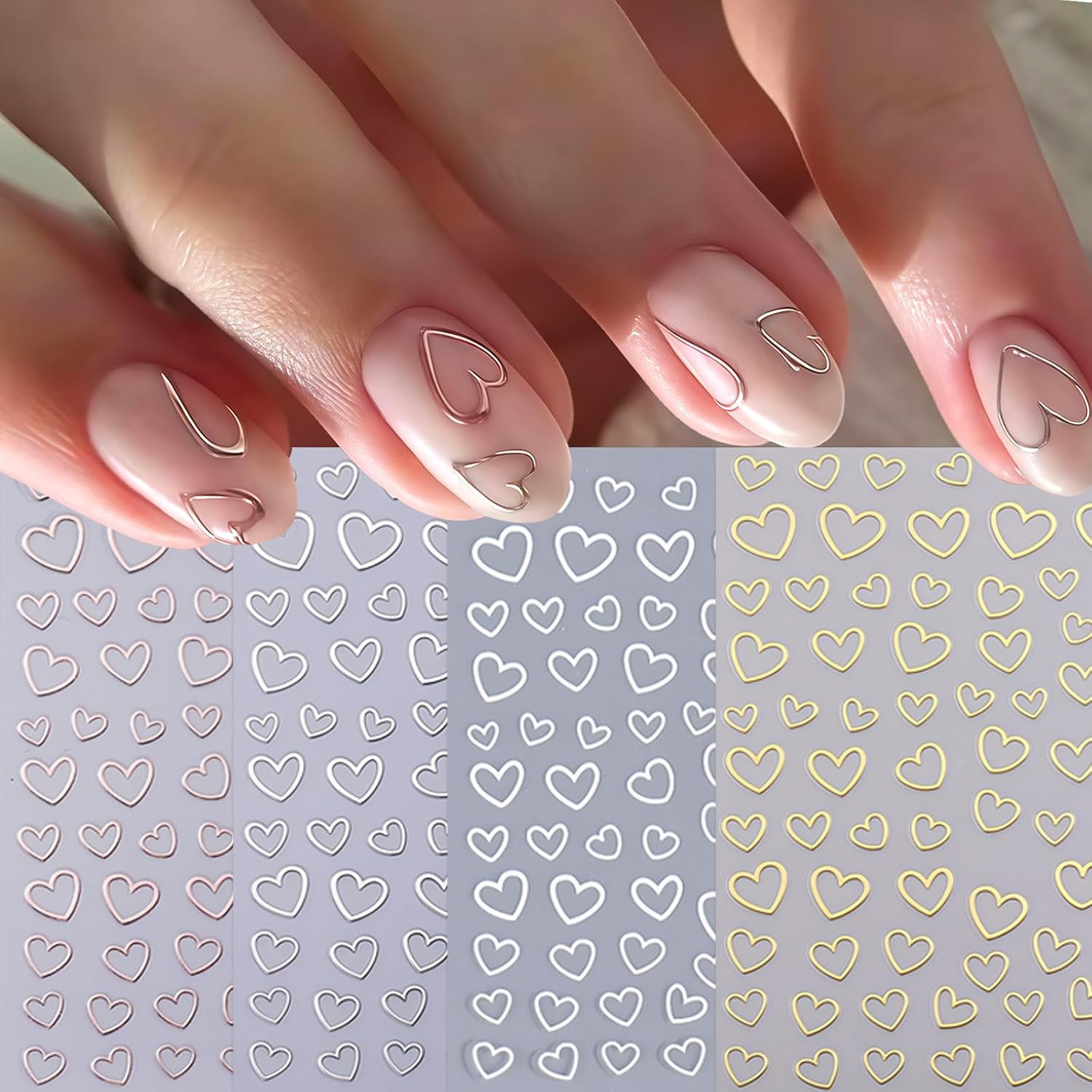 8 Sheets Valentines Day Nail Art Stickers 3D Gold Silver White Rose Gold Hollow