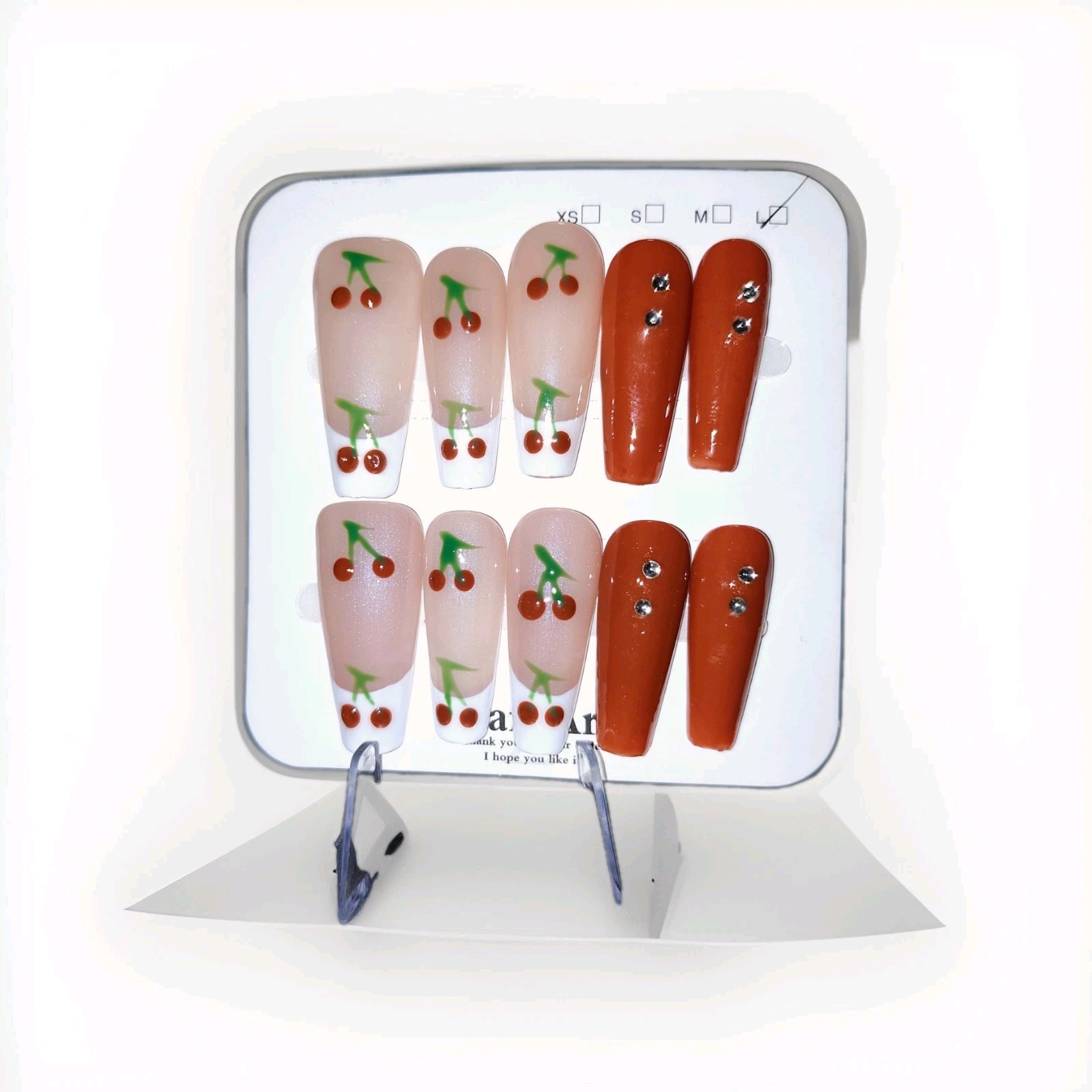 Nude Red Green White Cherry Rhinestone Long Coffin Press-On Nails