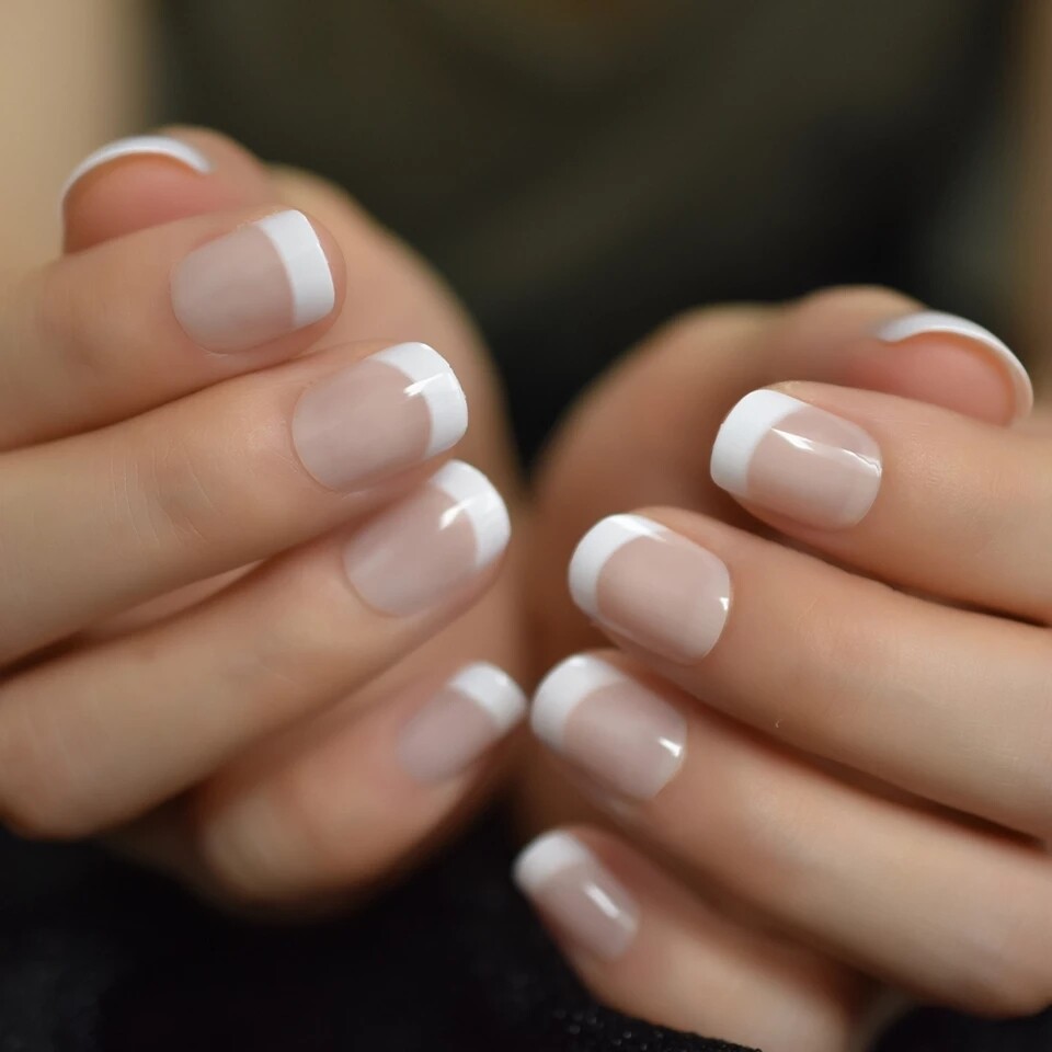 Short French Mani pink Press on nails classic baby boomer white tip Classic
