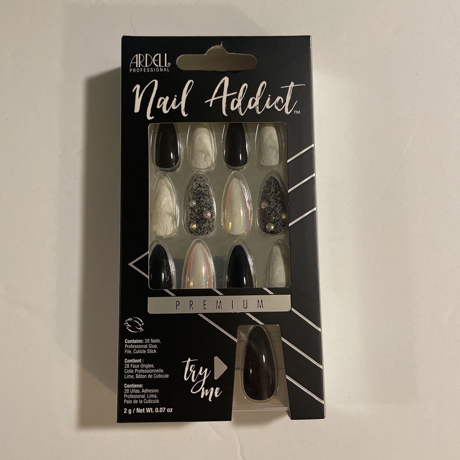 ARDELL Nail Addict Premium 28 Nails Black Diamond Black Stud Marble Chrome New