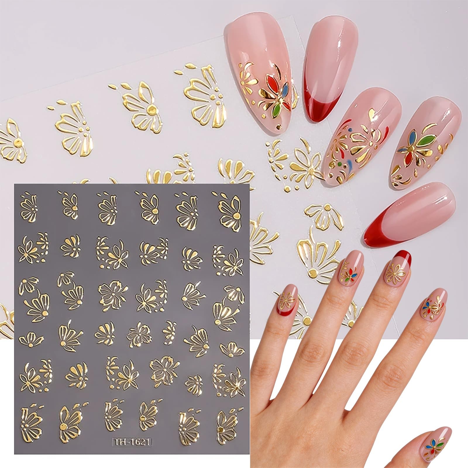 6 Sheets Gold Nail Stickers Set 3D Flower Leaf Butterfly Nail Art Stickers, -…