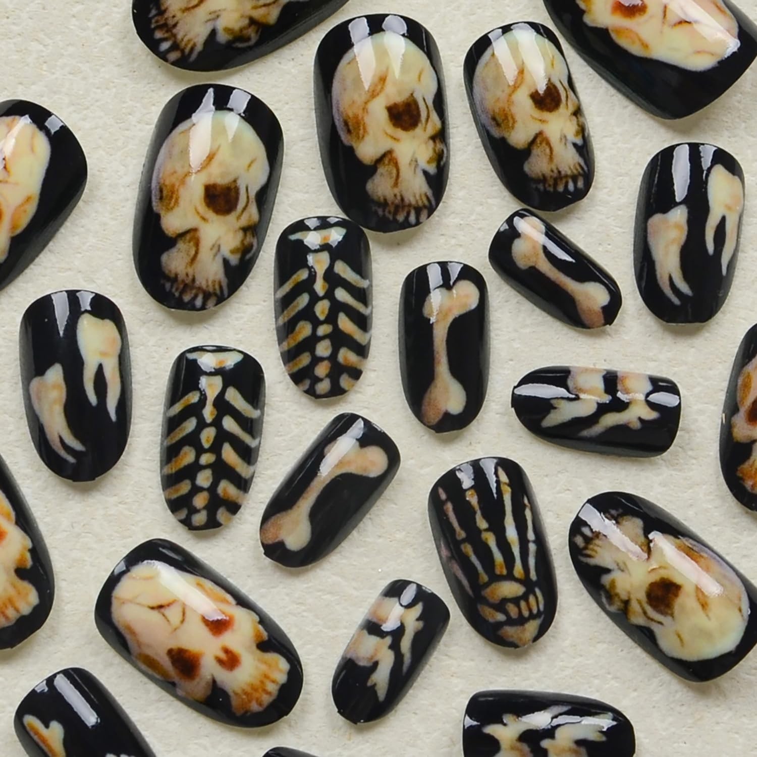 Halloween Skeleton Press on Nails Almond Shaped Fake Nails Glossy Acrylic Pre…
