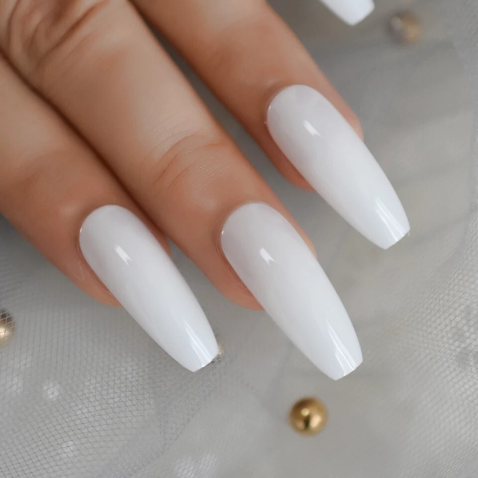 24 Press on nails Kit w Glue Milky White Long coffin