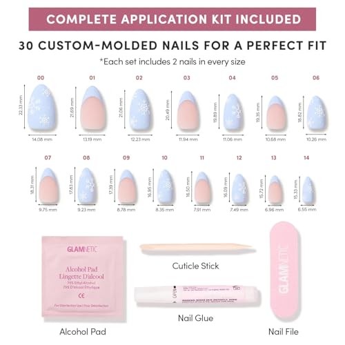 Snow Bunny Nails – Short Almond Fake Nails – Pale Blue with Decorative Trim