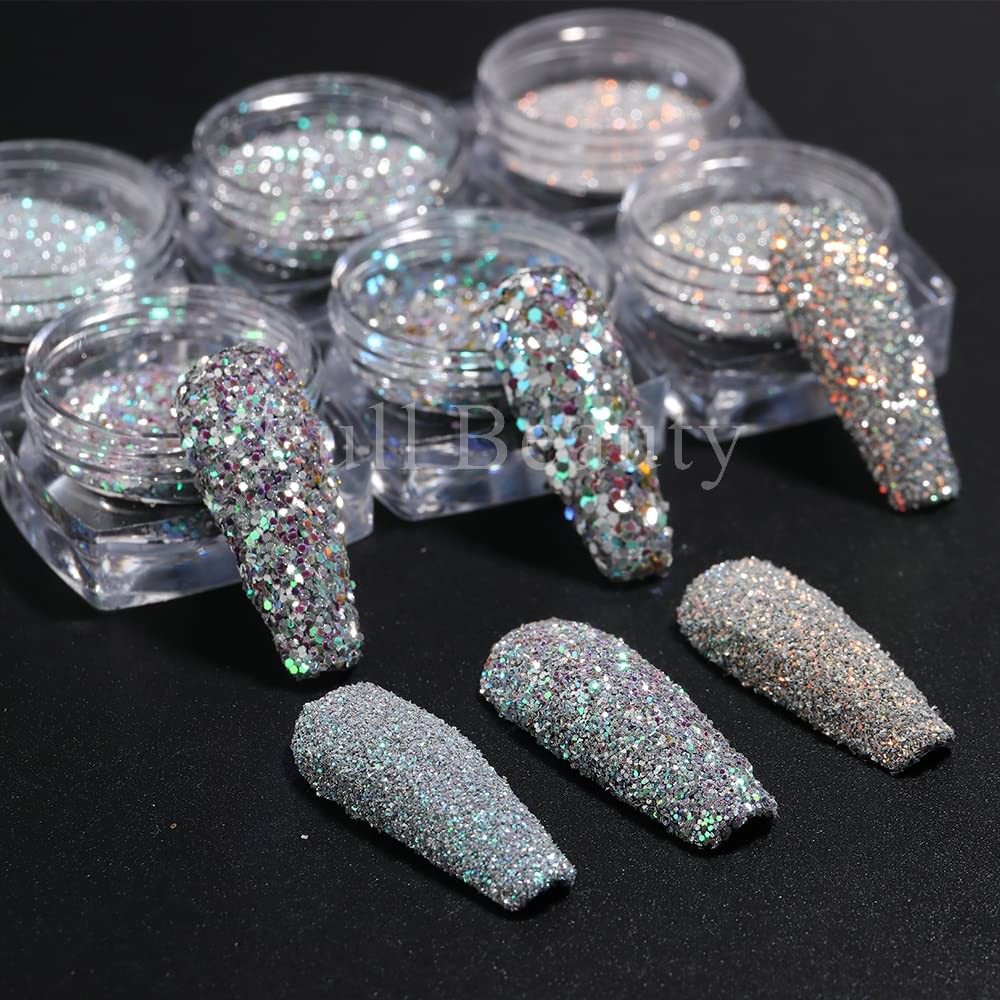 Reflective Nail Powder – 6 Boxes Sparkling Diamond Glitter for Nails, Iridesc…