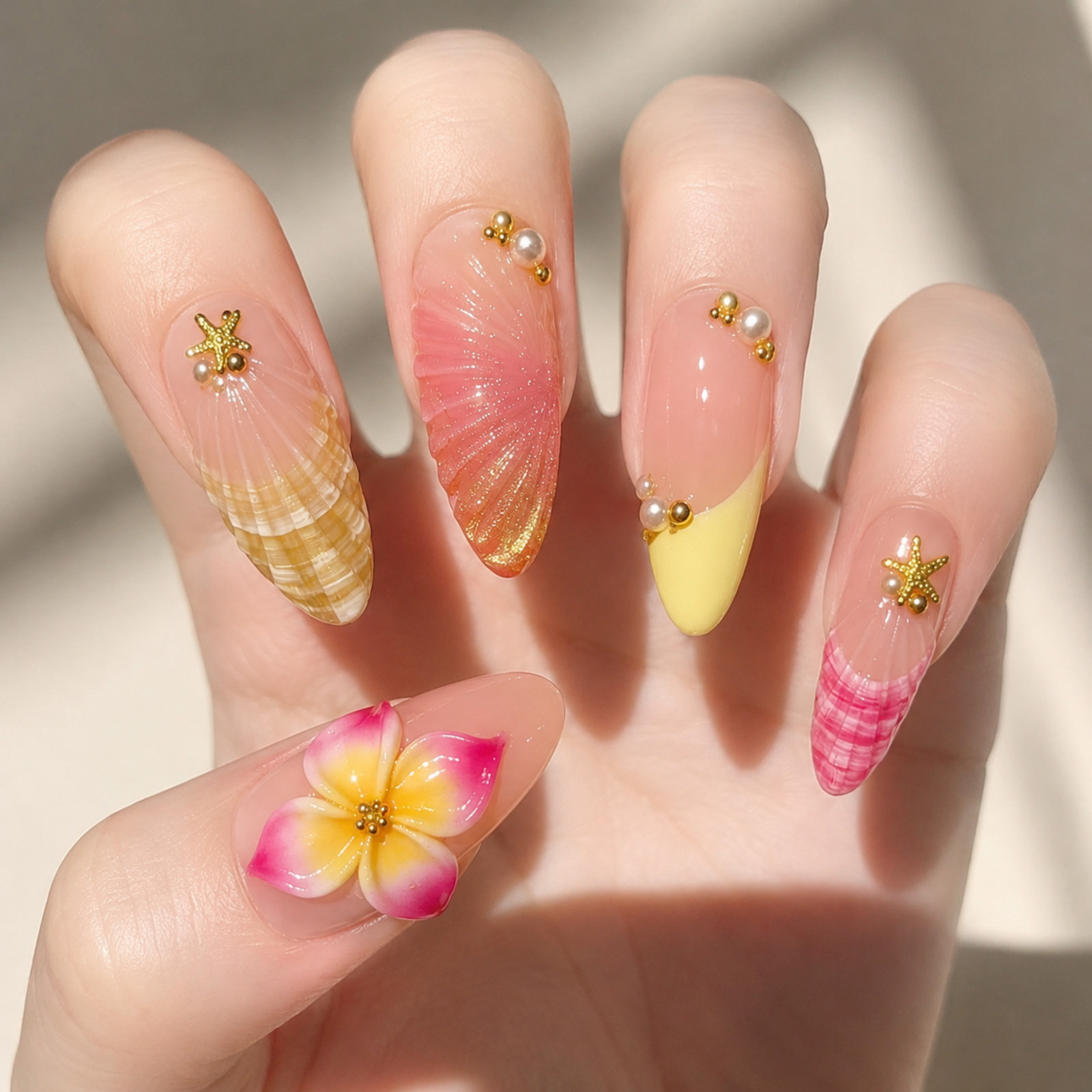 Handmade Press On Nails 3D Tropical Flower Seashell Pink Gold Set
