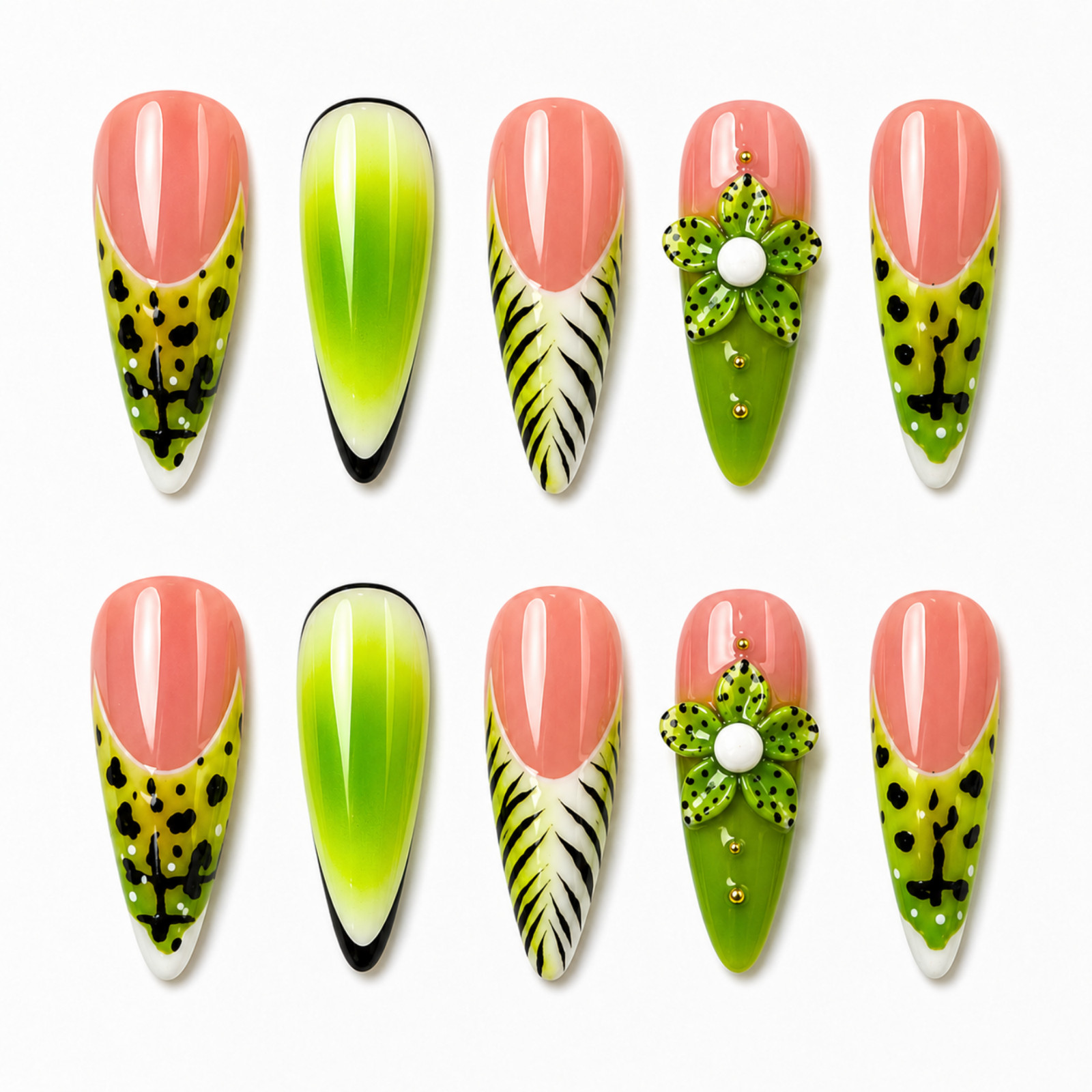 Handmade Pink Green Frog Floral 3D Press On Nails Custom Size Set