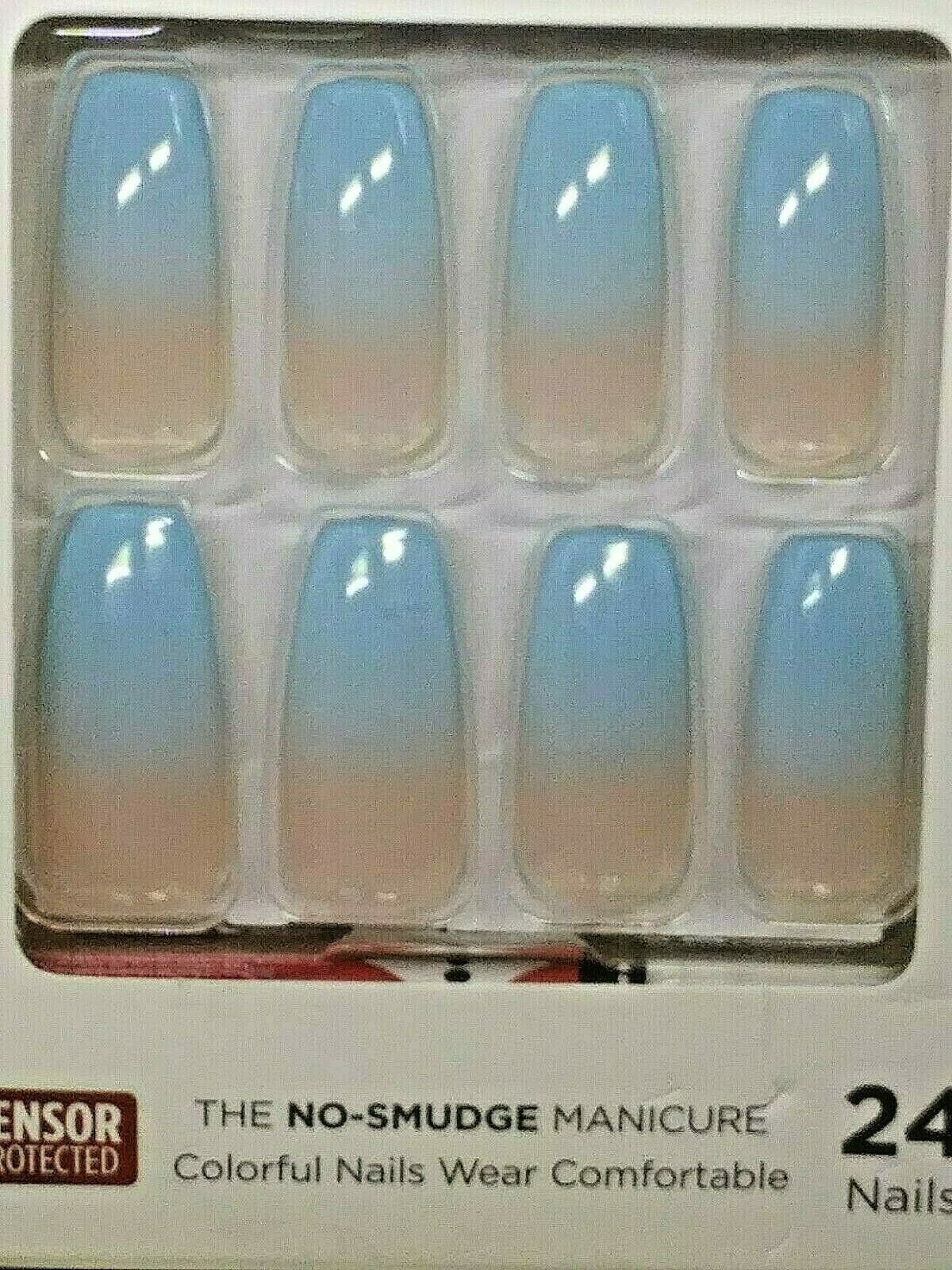 Kiss 24 Glue On Nails Long Coffin Shimmering White Icy Blue Ombre’