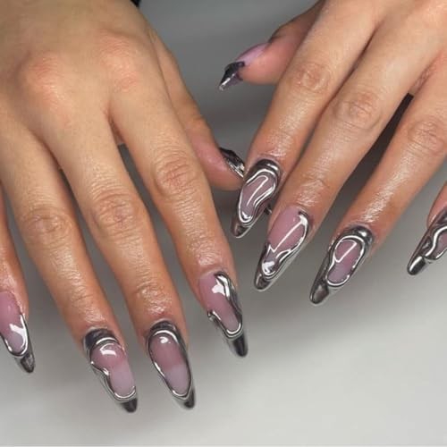 Silver Press on Nails Medium Almond Fake Nails 3D French Tips False H-29Silver