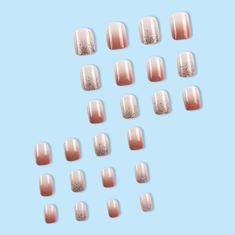 48P-Shimmer Glitter Press on Nails Short Square Nail Pink Gradient Gloss Finish