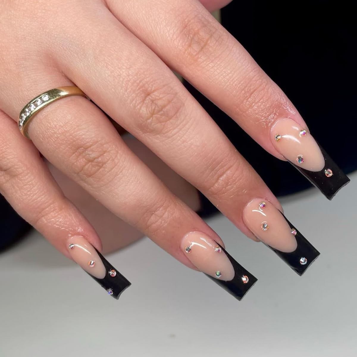 Press on Nails Long Coffin Black French Fake Nails, Rhinestones Acrylic Nails…