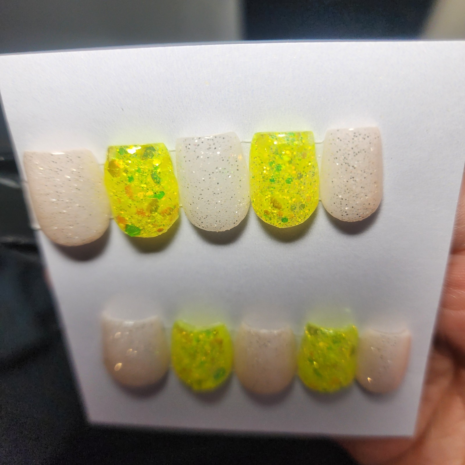 Handmade Acrylic Extra Short Square Press On Nails Medium Size Glitter LemonDrop