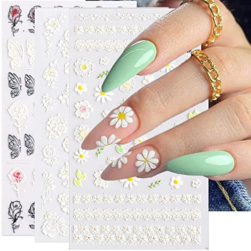 White Flowers Nail Art Stickers, 5D Engraved Flower Nail Art Self-Adhesive